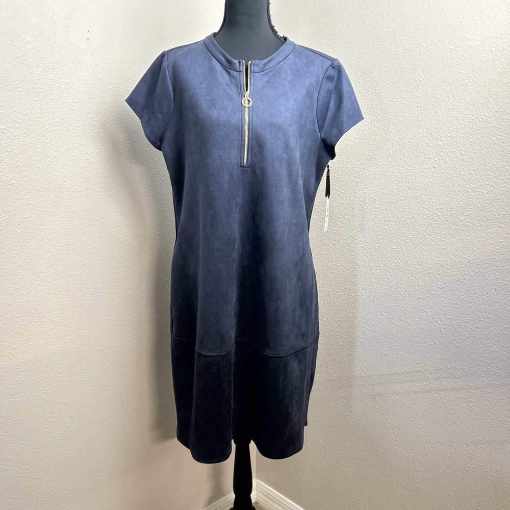 Kensie Faux Suede Shift Dress Women's 14 Navy Blue Gold Zipper Holiday Party